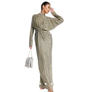 ASOS DESIGN Linear Embellished Maxi Dress with Twist Detail Women's 0 Green NWT